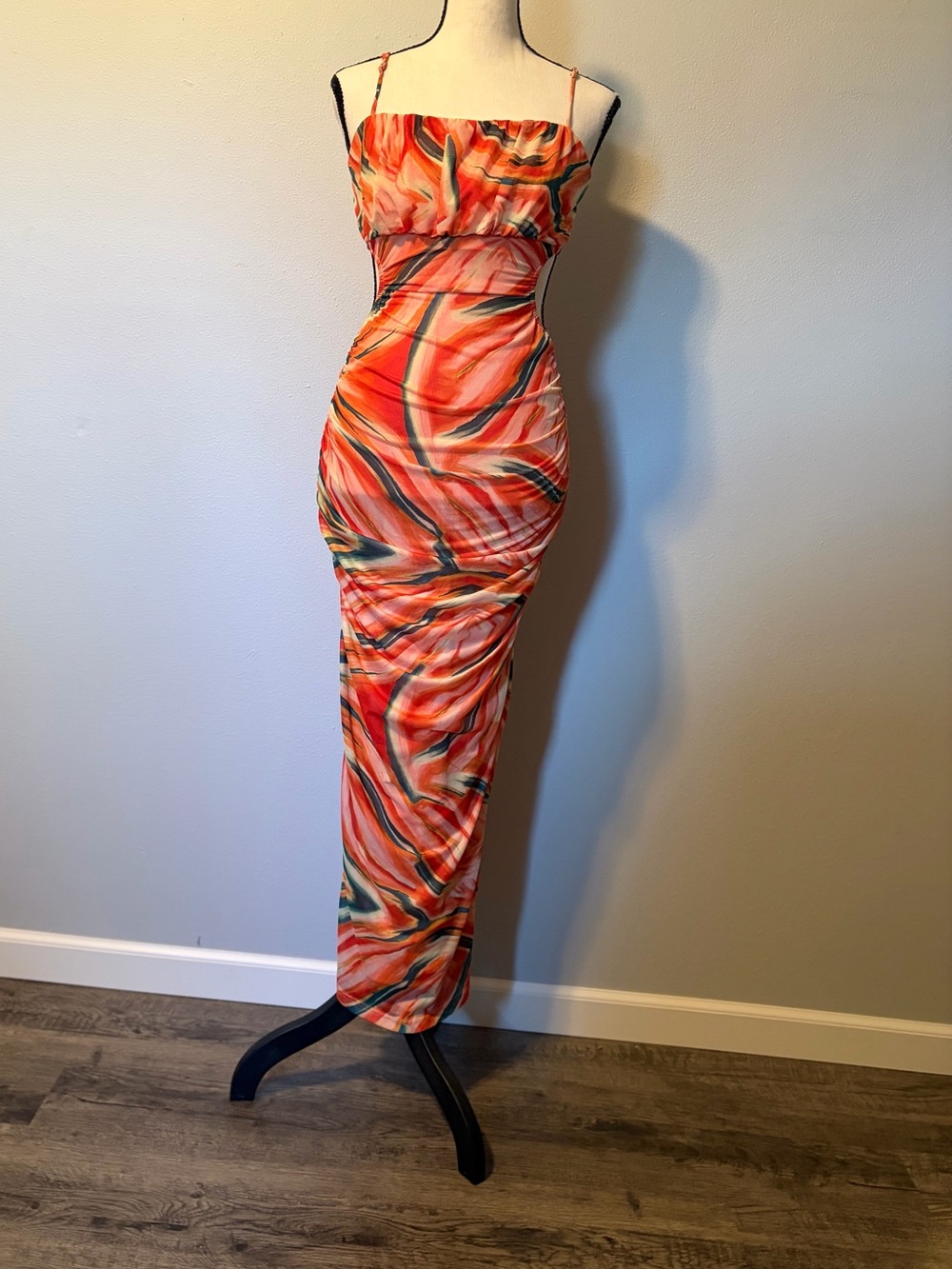 Amaroso Orange Marble-Print Spaghetti-Strap Maxi Dress SZ 10